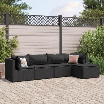5-Piece Black Poly Rattan Garden Lounge Set with Cushions