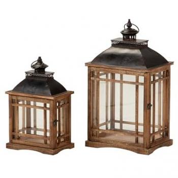Set de 2 Faroles de Madera Marrón - Dimensiones: 33x25x60 cm y 26x18x43 cm, Complemento Perfecto para el Hogar