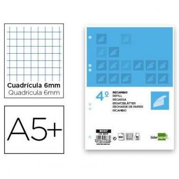 RECAMBIO LIDERPAPEL CUARTO 100 HOJAS 60G/M2 CUADRO 6MM CON MARGEN 6 TALADROS