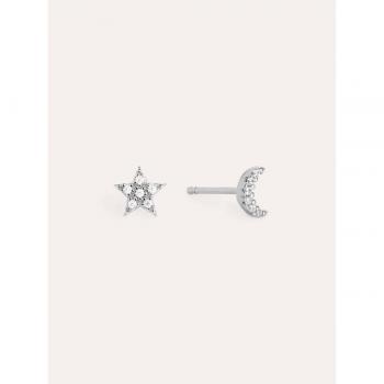 Pendientes Singularu Moon & Star Plata - Elegantes Pendientes de Plata de Ley 925 con Baño de Rodio y Diseño de Luna y Estrella