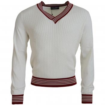 Dolce & Gabbana White Red Knitted V-neck Pullover Sweater - IT46 | S, Male, Size: XS, Silk Cotton