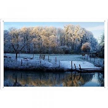 Metal cartel Cartel de chapa Hojalata sesión Morning Lake Frost Freeze November Fall Fence 48140 Retro Vintage Pared Decoración by hamgaacaan