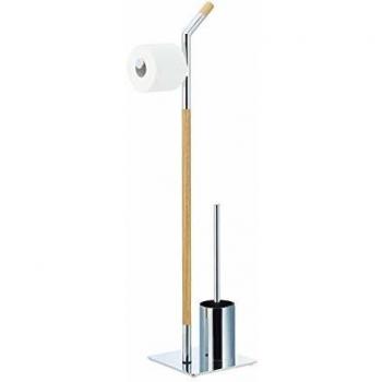 Escobillero Portarrollos de Baño en Madera y Metal, Plateado-Beige, 90 x 24 x 20 cm