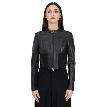 Pinko Women's Black Leather Biker Jacket, Regular Fit, Size 44