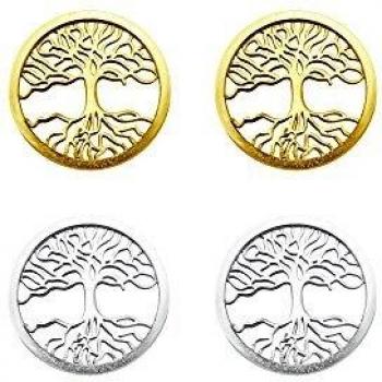 2 pares de pendientes arbol de la vida color plata y bano oro amarillo