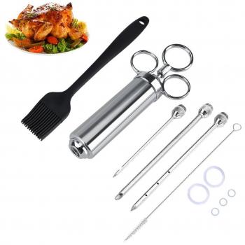 Kit de Inyector de Carne de Acero Inoxidable Jeringa con 3 Agujas 2 Cepillos Inyector Jeringa Herramienta de Cocina para Cocinar Carne Barbacoa BBQ