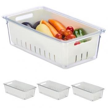 Organizador de Nevera Apilable, Set de 4 Cestas Escurridoras con Tapa, Almacenaje Transparente/Blanco