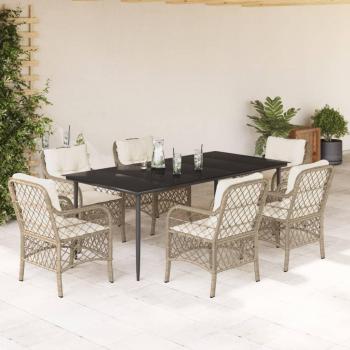 7-Piece Beige Poly Rattan Garden Dining Set with Cushions