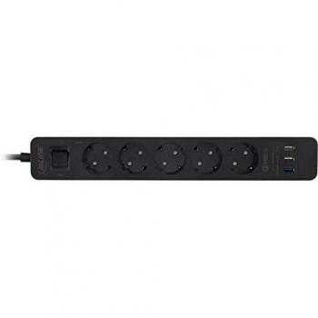 Regleta de enchufes 5 tomas con USB-A, protección contra sobrevoltaje y QuickCharge, 1.5m, color negro