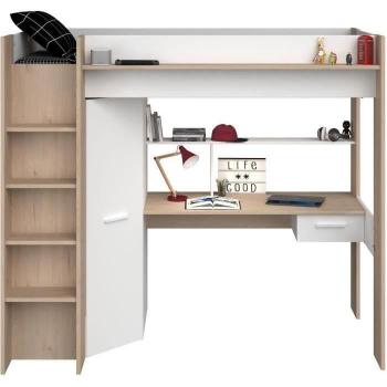 Cama alta con armario y escritorio High color Roble y Blanco 90x200