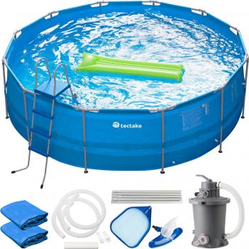 Tectake Piscina Merina - Amplia piscina ovalada portátil infantil desmontable de tejido de PVC resistente a la intemperie, con malla de poliéster, gran capacidad de carga y armazón estable y resistente a la corros
