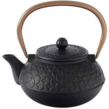 Tetera de Hierro Fundido Diseño Flores Negra 1L con Asa de Cobre