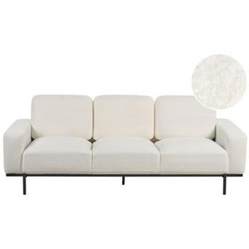 Sofá 3 Plazas Moderno Tapizado en Bouclé Blanco con Patas de Metal Negras 215 x 87 x 72 cm Sovik