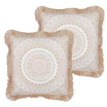 Conjunto de 2 Cojines Beige y Blanco con Borlas, Estilo Boho, 45 x 45 cm, Funda de Poliéster para Decoración de Sala