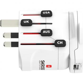 Skross PRO - Adaptador de enchufe eléctrico universal 2 en 1 con USB, compatible con voltaje de 100 V–700 W y 250 V–1750 W, toma USB de 2,4 A, protección contra