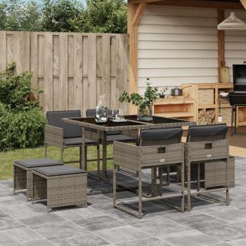 Set comedor jardín 9 piezas con cojines de ratán sintético en color gris