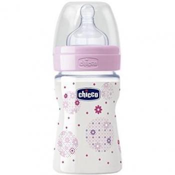 Chicco Wellbeing - Biberón Rosa de 150ml con Tetina de Silicona y Flujo Normal para Bebé desde el Nacimiento