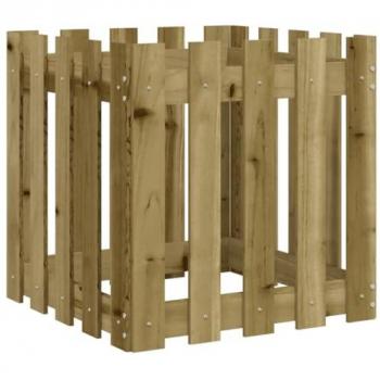 Jardinera con diseño de valla, madera maciza de pino impregnada, dimensiones 50x50x50 cm, disponible en color pino natural, pino blanco y pino negro