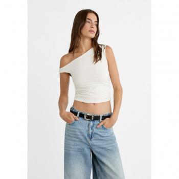 Asymmetric White Gathered Crop Top - Size L