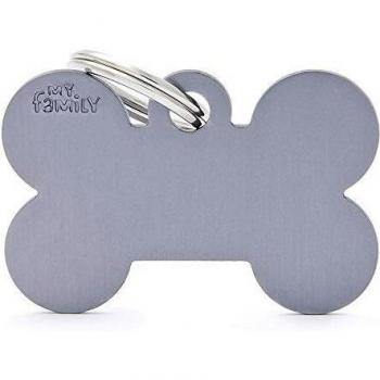 Medallita Hueso Grande de Aluminio Gris para Perros - Colección Basic, 38x25 mm, Hecha en Italia