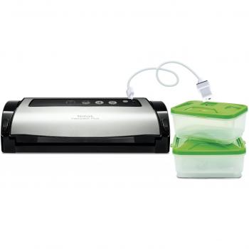 Tefal Vacupack Plus YY3107FB - Máquina de envasado al vacío 130W con funciones húmedo/seco, incluye 2 cajas herméticas y 2 rollos de embalaje, color negro y plata