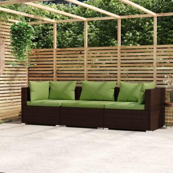 Brown Poly Rattan 3-Seater Sofa with Cushions