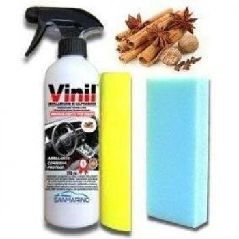 LIMPIARCOCHE.COM SANMARINO ABRILLANTADOR SALPICADEROS Efecto Coche Nuevo con Pistola 500 ML. + BAYETA + Esponja. Aroma Vainilla