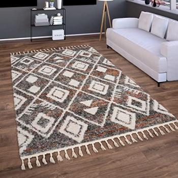 Alfombra Boho Chic Moderna de Pelo Largo con Diseño Geométrico y Flecos 200x280 cm, Multicolor