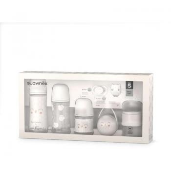 Suavinex Set Regalo Recién Nacido Welcome Baby con Biberones (150 ml, 270 ml, 360 ml), Chupete (0-6 Meses), Dosificador de Leche en Polvo, Portach
