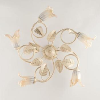 Lámpara de Techo Clásica de Hierro Marfil y Oro con 5 Luces y Vidrios Ámbar - 70x h20 cm