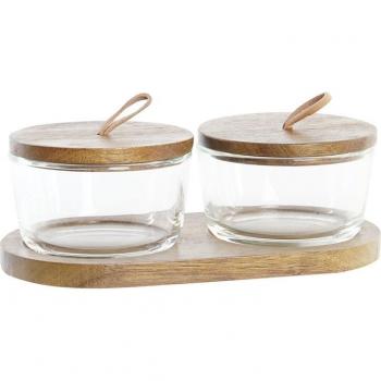 Set de 3 Botes DKD Home Decor 20,5 x 10,5 x 7 cm Cristal Marrón Transparente Acacia 240 ml