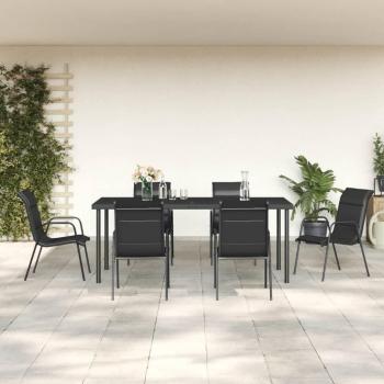 7 Piece Black Steel and Textilene Garden Dining Set