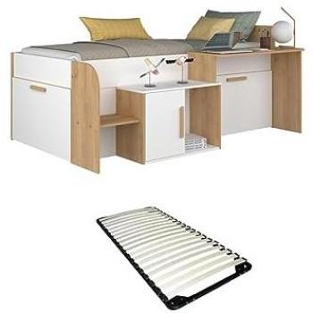 Cama 90 x 200 cm con Escritorio y Almacenamiento - Color Blanco y Natural + Somier - Modelo Pedro