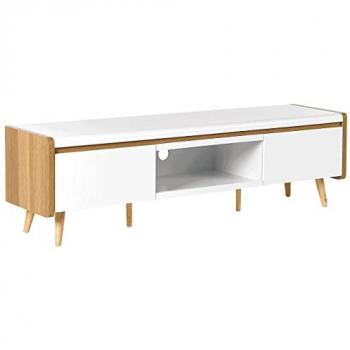 Mueble TV Escandinavo Blanco y Madera Clara con 2 Cajones para Pantallas de Hasta 66 Custer