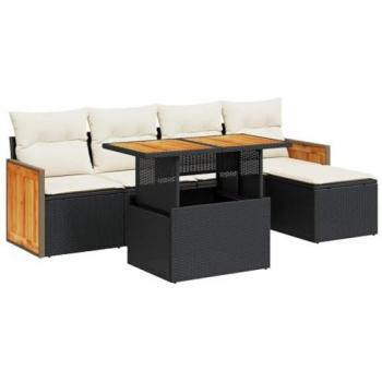 6-Piece Black Poly Rattan Garden Sofa Set with Cushions and Acacia Wood