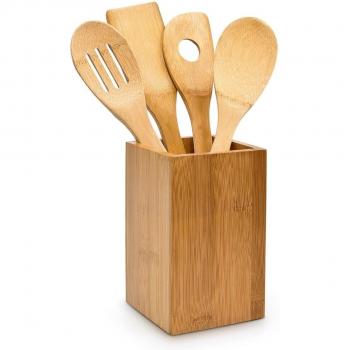 Relaxdays 10014471 - Set de 4 cucharas de cocina y soporte, bambú
