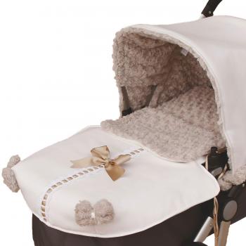 Saco de Coche o capazo Universal Rosy, Fabricado en Ecopiel y Pelo rosetas Blanco Camel