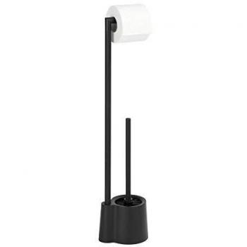 Garnitura de WC de pie Avola - Negro mate - 13 x 70 x 16 cm, incluye escobilla y soporte para papel higiénico, acero inoxidable y polipropileno