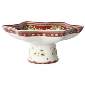 Fuente estrella con pie de porcelana premium Winter Bakery Delight 34oz, color blanco/rojo