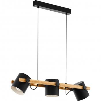 Lámpara de techo Hornwood negra y madera, 3 luces E27, diseño industrial y retro