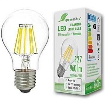 Bombilla de filamento LED greenandco® IRC 90+ regulable E27 8W