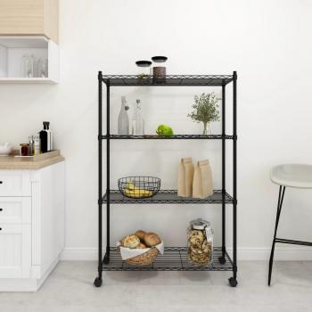 Estante de almacenaje con 4 niveles y ruedas, dimensiones 90x35x142 cm, color negro, capacidad de carga 200 kg
