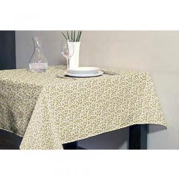 Burrito Blanco Mantelería 964 de 140x200cm con Un Estampado navideño de Hojitas/Mantel Navideño con Acabado de Teflón Que Impide Que Las Manchas Penetren, Color Oro