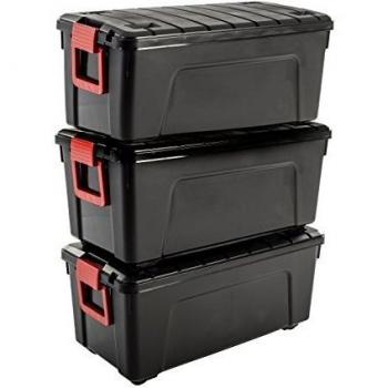 Iris Ohyama, juego de 3 grande cajas de almacenamiento para bricolaje, 75 L, con cierre a presión, apilable, garaje, jardín - Store it All Box SIA-75 - Negro