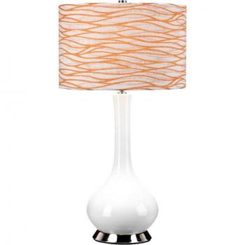Lámpara de mesa Milo Elstead, níquel pulido, pantalla redonda blanca con detalles en naranja