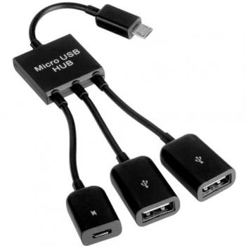 Cable Adaptador OTG Micro USB Macho a Doble USB Hembra HUB Negro para Smartphones y Tablets