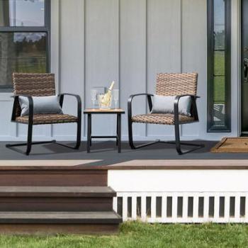 3-Piece Rattan Patio Conversation Set with Lumbar Pillows and C-Spring Chairs
