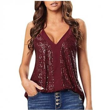 Sequin Party V Tunc Sleeveless Loose Women Fashion Neck Strap Tops Casual Tank Women's Tanks & Harvest Tank Top, red, XXL