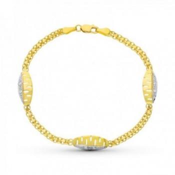 Pulsera oro bicolor 18k niña 17.5 cm Primera Comunión doble cadena formas ovaladas circonitas
