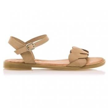 Sandalia Plana de Piel Mustang 59491 para Mujer, Color Beige, Con Hebilla y Punta Redonda, Casual